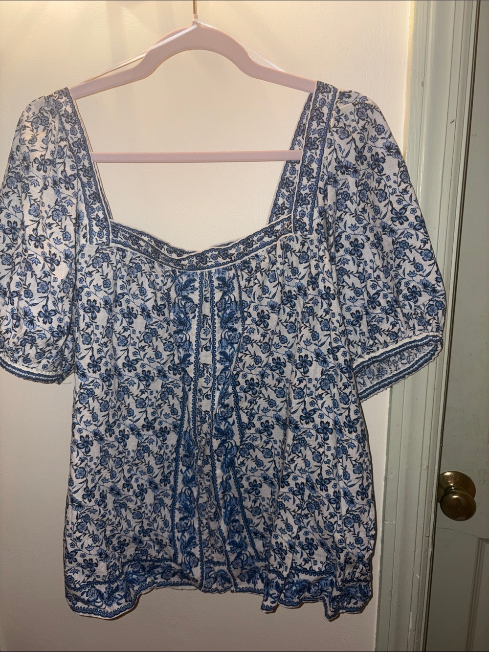 Max Studio White Blouse with Blue Floral Embroidery